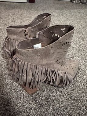 Not Rated Taupe Fringe Suede Ankle Booties